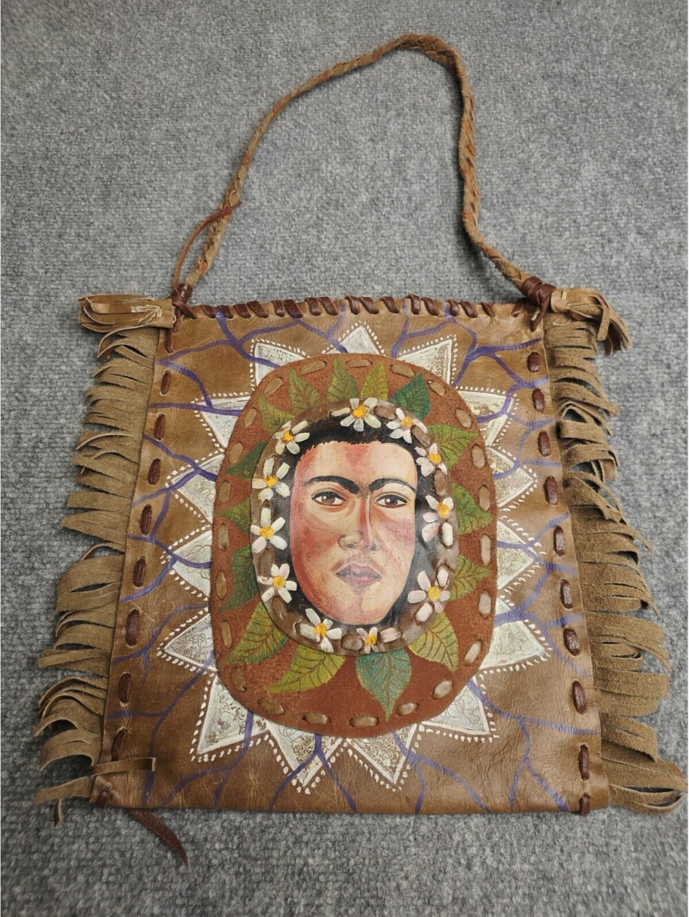 Vintage Mexican Artisan Hand Painted Leather Fringe Purse Boho Frida Kahlo Folk
